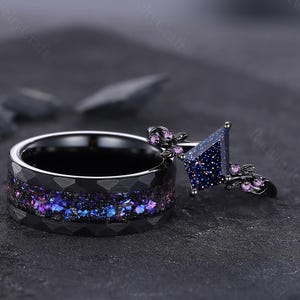 Blue Galaxy Sandstone Ring Set, Space Galaxy Ring Set, His and Hers Blue Galaxy Rings, Couples Set Wedding Bands, Leafy Matching Rings Set