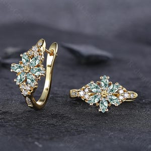 Art Deco Moss Agate Hoop Earrings: Diamond Floral Dainty 14K Gold