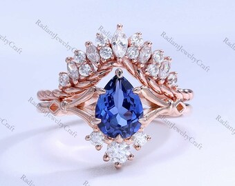 Blue sapphire engagement ring set vintage rose gold Unique pear shape engagement ring diamond wedding ring Bridal anniversary ring gift