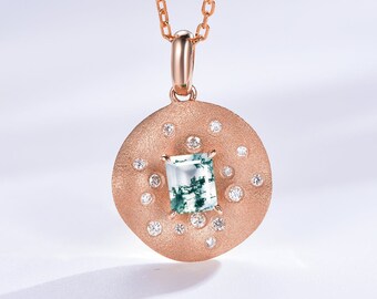 Collier en agate mousse : pendentif Art déco en argent sterling vermeil rose et vermeil