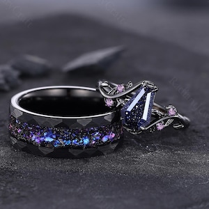 Coffin Blue Galaxy Sandstone Couples Ring Set, Space Galaxy Ring Set, His and Hers Blue Galaxy Rings, Branches Couples Set, Matching Rings