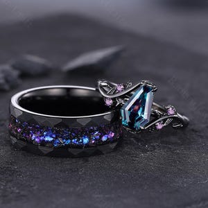 Alexandrite Engagement Ring Set: Black Gold Sterling Silver, Tungsten Carbide Inlay