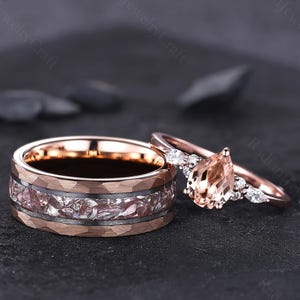 Morganite Couples Ring Set, His and Hers Wedding Band, Crushed Morganite Rose Gold Ring for Men and Women, Gemstone Matching Promise Ring