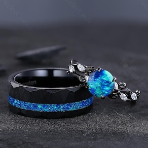 Blue Opal Couples Ring Set: Black Gold, Silver & Tungsten Wedding Bands