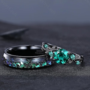 Emerald Green Couples Ring Set: Black Gold & Tungsten Wedding Bands
