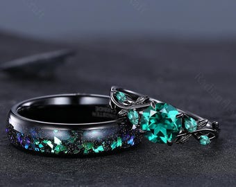 Emerald Green Couples Ring Set: Black Gold & Tungsten Wedding Bands