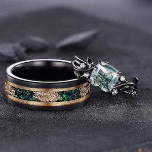 Moss Agate Sterling Silver Couple&#39;s Ring Set: Emerald Tungsten Men&#39;s Band