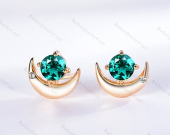Emerald Crescent Moon Stud Earrings: 14K Rose Gold Filled Sterling Silver