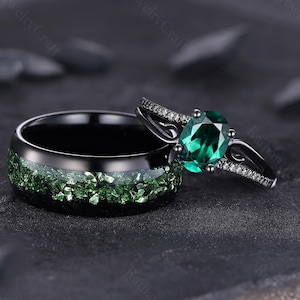 Green Emerald & Black Tungsten Couples Ring Set, His and Hers Wedding Band, Scroll Emerald Ring for Women 8MM Matching Band for Men Proposal