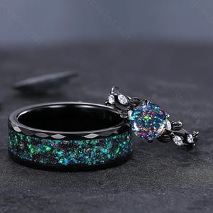 Hammered Black Opal Wedding Ring Set: Tungsten & Silver Promise Rings