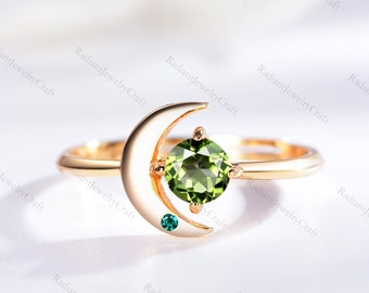 Dainty Peridot Moon Ring: Art Deco Star Engagement Ring