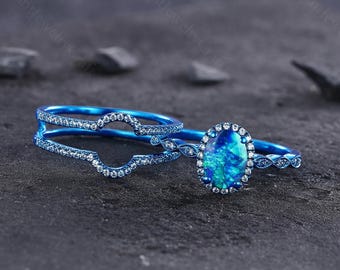 Vintage Blue Fire Opal Engagement Ring Set Blue Gold Cluster Moissanite Wedding Rings Stacking Bridal Rings Birthstone Anniversary Gifts