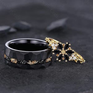 Vintage Black Onyx Couples Ring Yellow Gold Matching Ring Set His and Hers Wedding Band Promise Ring For Men Women Natural Black Gemstone