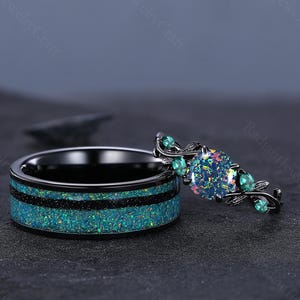 Black Fire Opal Couples Ring Set: Tungsten & Silver Wedding Bands