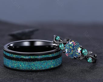 Black Fire Opal Couples Ring Set: Tungsten & Silver Wedding Bands