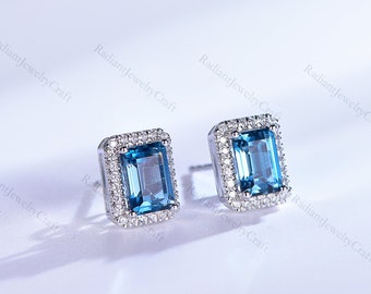 Vintage Emerald Cut London Blue Topaz Earrings, Sterling Silver
