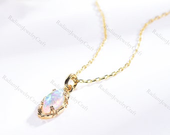 Marquise Opal Necklace: 14k Gold Pendant, Dainty Layering Charm