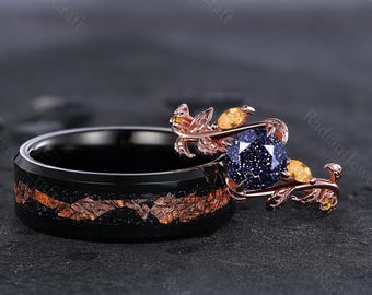 Blue Sandstone Galaxy Ring Set: Marquise Citrine, Tungsten Carbide
