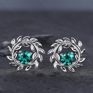 Dainty Lab Emerald Stud Earrings: Vintage Floral Leaf Design