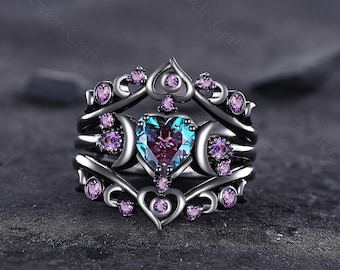 Heart Alexandrite Ring Set, Color Change Gemstone Jewelry, Vintage Gothic Amethyst Stackable Rings, Unique Engagement Gift for Women, Mon
