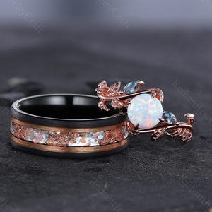 White Opal Ring Set: Rose Gold & Tungsten Matching Wedding Bands