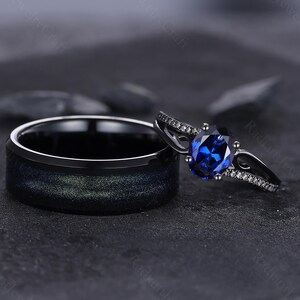 Orion Nebula Ring Set Black Gold, His and Hers Wedding Bands, Blue Nebula Ring, Sapphire, Matching Couples Ring, Engagement Ring Set, Scroll