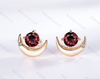 Garnet Crescent Moon Earrings: Rose Gold Vermeil Celestial Studs