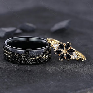 Natural Black Onyx Couples Ring Set, His and Hers Black Diamond Matching Band, Yellow Gold & Tungsten Matching Couples Promise Ring Unique