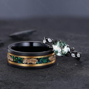 Moss Agate Ring Set, Moss Agate Couples Ring Set, His and Hers Moss Agate Rings, Couples Set Wedding Bands, Matching Rings Set for Men Women