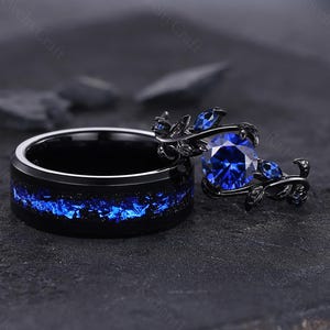 Sapphire & Tungsten Galaxy Wedding Ring Set: Sterling Silver, Orion Nebula