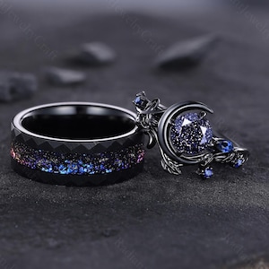 Galaxy Sandstone Couples Ring Set, Vintage His and Hers Twig Leaf Wedding Band, Black Gold & Tungsten Unique Matching Couples Promise Ring