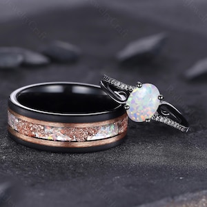 His and Hers White Fire Opal Ring Set, Matching Opal Ring, Black Gold Plated & Tungsten Ring Set, Brushed Couples Ring, Unique Opal Ring Set
