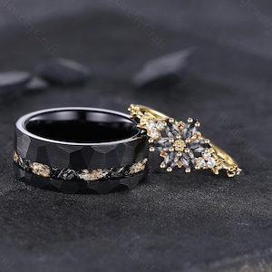 Black Rutilated Quartz Couples Ring Set, Vintage His and Hers Wedding Band Yellow Gold Plated Matching Couples Promise Ring Anniversary Gift