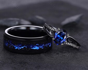 Anillo de bodas de zafiro: oro negro y tungsteno, diseño de la nebulosa de Orión