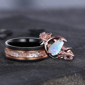 White Fire Opal Ring Set: Rose Gold & Tungsten Couples Rings