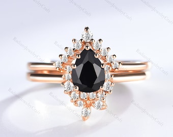 Vintage Black Onyx Pear Ring Set: Rose Gold Art Deco Moissanite Band