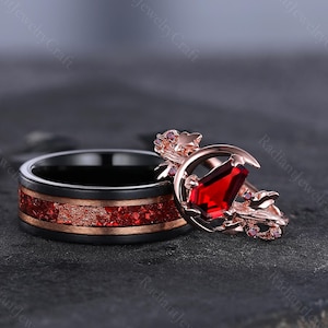 Doodskistgranaatringset voor stellen: roségoud en wolfraam trouwringen