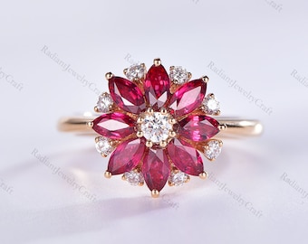 Vintage Marquise Lab Ruby Ring: 14K Gold Floral Engagement Ring