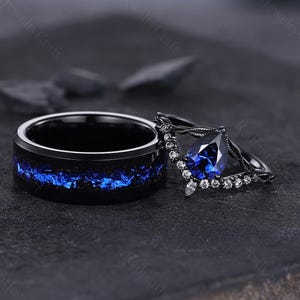 Blue Sapphire Outer Space Couples Ring Set, Orion Nebula Ring, His and Hers Wedding Band, Tungsten Black Gold Anniversary Promise Ring Set