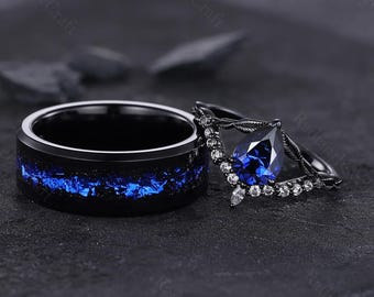 Anillo de pareja con zafiro azul y nebulosa de Orión, alianza para él y para ella, anillo de compromiso de aniversario de oro negro y tungsteno.