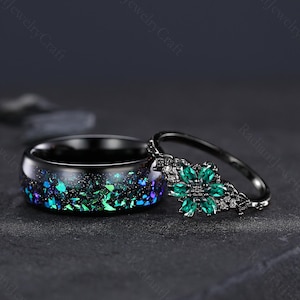 Emerald Flower Couple Rings: Tungsten & Silver Wedding Band Set