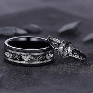 Black Rutilated Quartz Couples Ring Set, His and Hers Black Wedding Bands Black Gold Plated & Tungsten, Unique Anniversary Promise Ring Set
