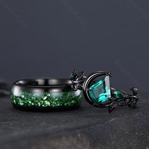 Emerald Couples Ring Set: Black Tungsten & Sterling Silver Wedding Bands