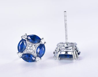 Blue Sapphire Marquise Ear Climber Earrings: Sterling Silver Studs