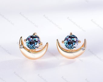 Alexandrite Moon Stud Earrings: Yellow Gold Diamond Accent, Promise Gift
