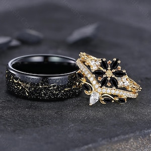 Black Onyx Couples Ring Yellow Gold Art Deco Scroll Matching Ring Set His and Hers Wedding Band Promise Ring For Men Women Black Gemstone