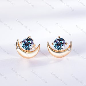 アレキサンドライトムーンスタッドピアス：イエローゴールドダイヤモンドアクセント、プロミスギフト