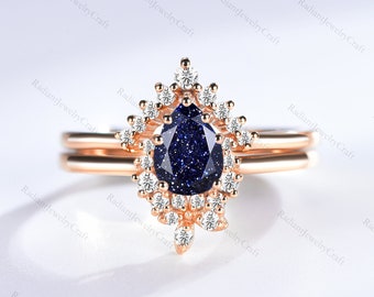 Pear Blue Sandstone Engagement Ring Set: Twig Vine Rose Gold Wedding Band