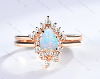 Vintage Pear Opal Engagement Ring Set: Rose Gold Moissanite Halo
