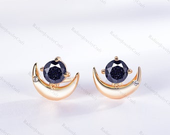 Blue Sandstone Moon Earrings: Rose Gold Art Deco Studs